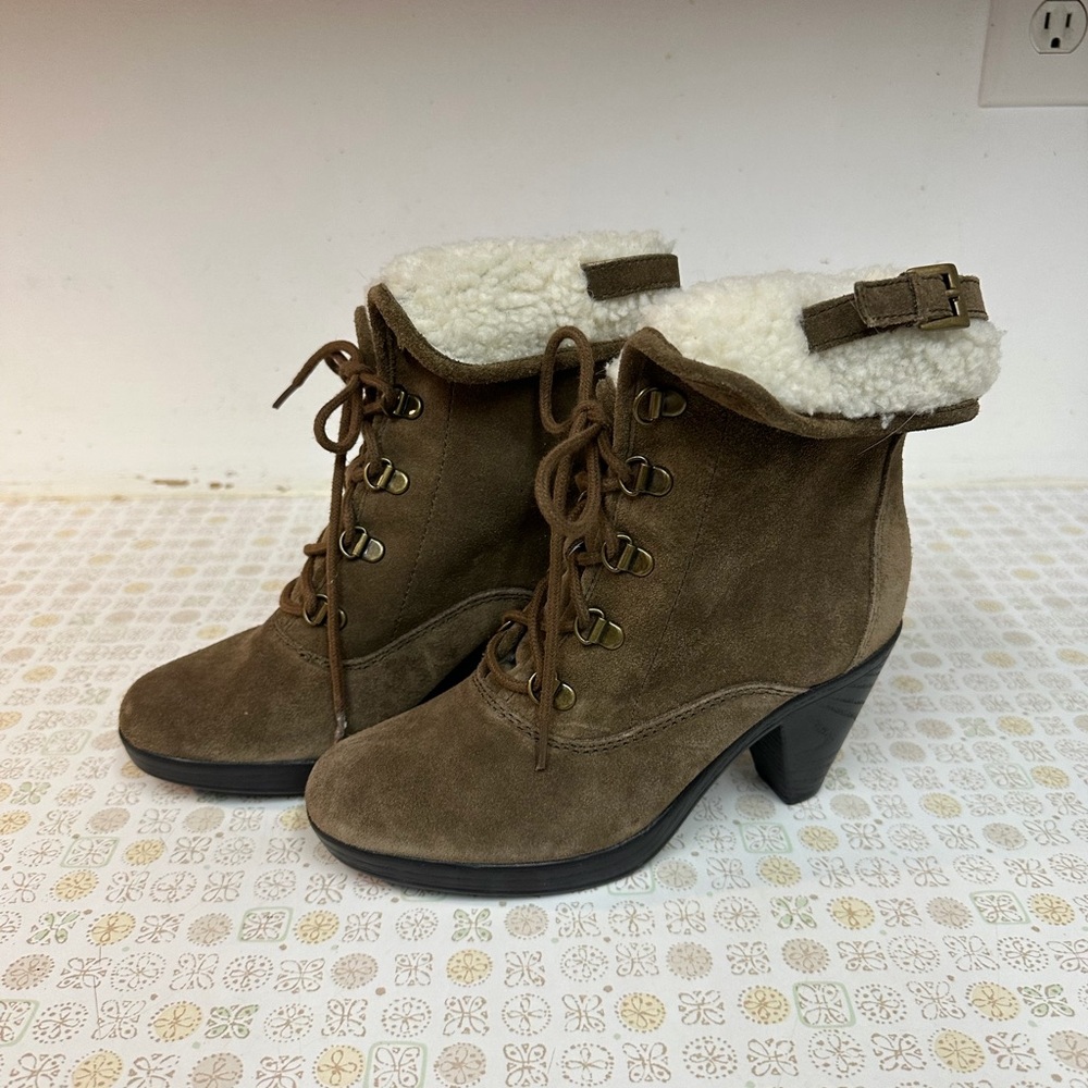 AEROSOLES Tan Suede Heeled Boots with Shearling